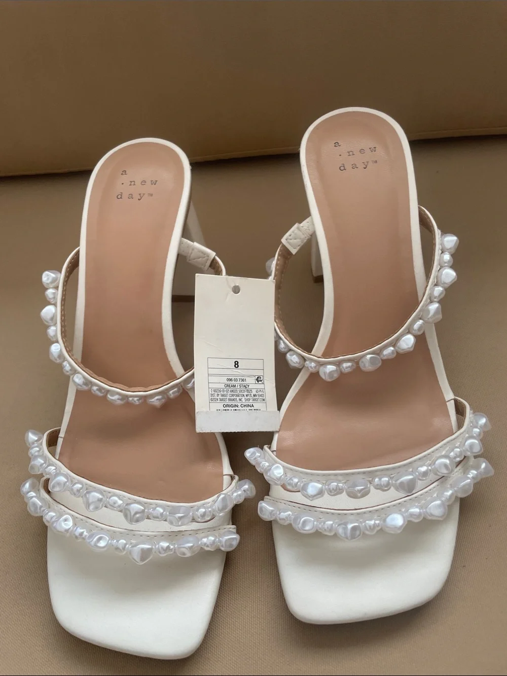 a new day Pearl-Embellished Cream Strappy Mules